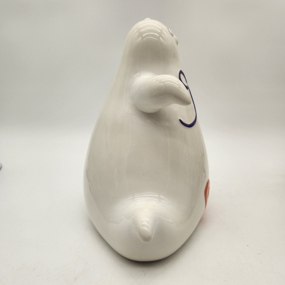 White Ceramic Whimsical Halloween Ghost Figurine Orange "BOO" Purple Bow Decor - Picture 7 of 11